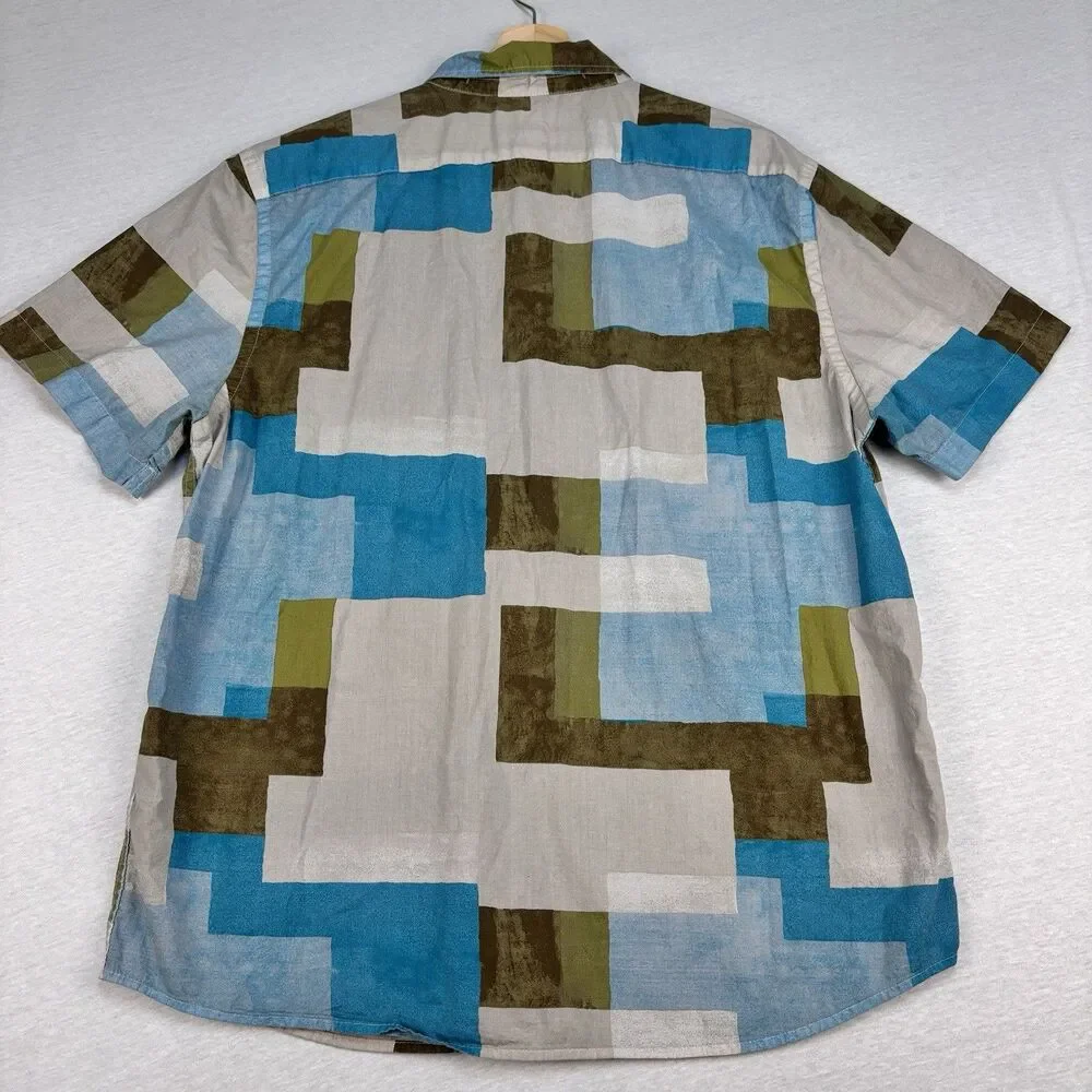 Banana Republic Shirt L Slim Fit Geometric Blocks Blue Green Brown